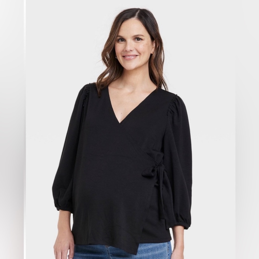 Isabel Maternity Black Wrap V Neck 3/4 Sleeve Top Large